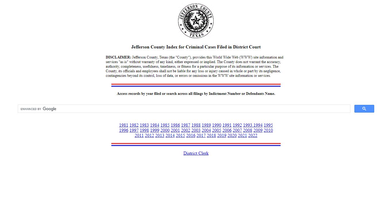 Jefferson County, TX - District Clerk's Criminal Index